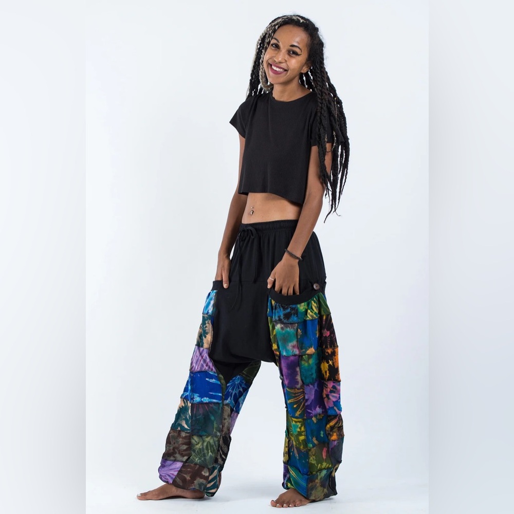 Tie Dye Patchwork Cotton Women Harem Pants in Navy - Picture 8 of 9
